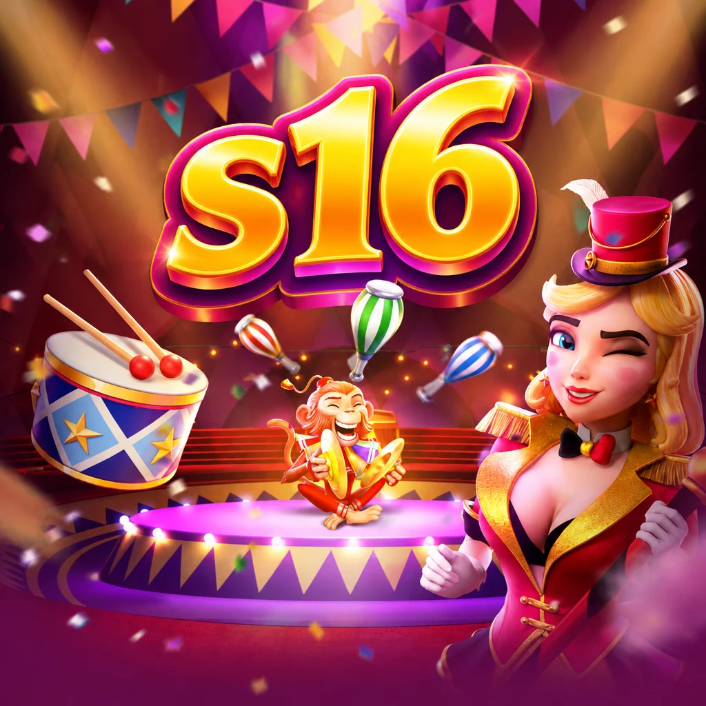 Ilustrasi s16 bertema Circus Delight dengan karakter ringmaster wanita, monyet pemain simbal, drum sirkus, dan latar panggung tenda meriah