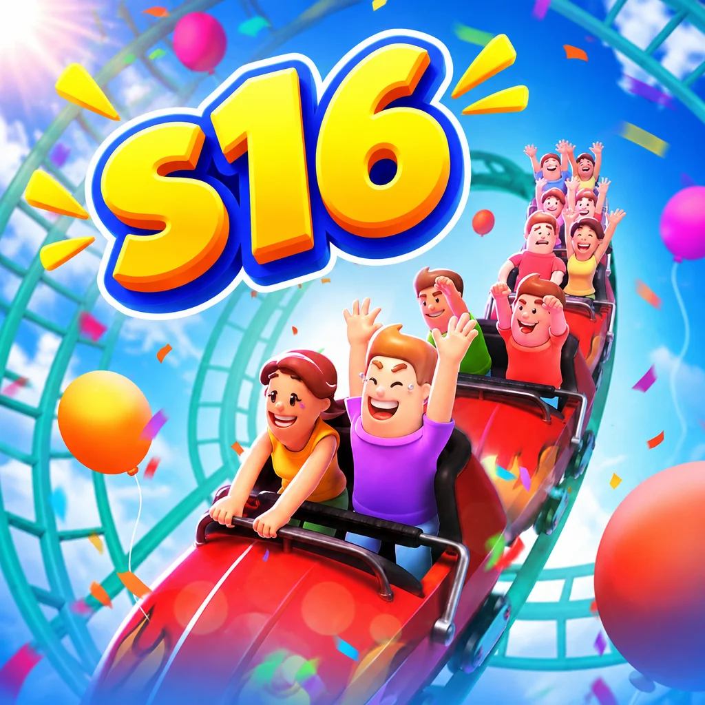 Ilustrasi s16 bertema Wild Coaster menampilkan pengunjung bersorak di kereta roller coaster merah berlatar rel hijau dan langit biru cerah